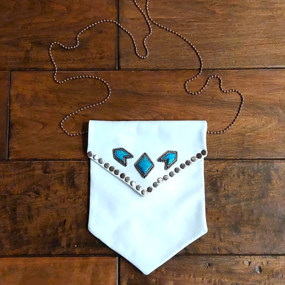 Nina Arjan Vintage 1992 genuine white purse leather mini bag with turquoise - Picture 1 of 8